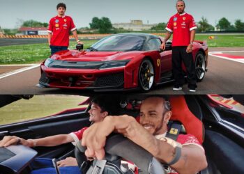 Hamilton and LeClerc, in red Ferrari shirts, stand by a striking Ferrari F80 on the Fiorano racetrack; below, they’re all smiles inside the car, with one at the wheel.