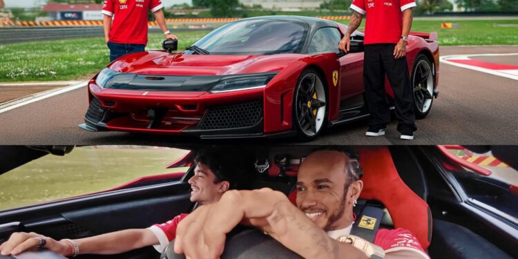 Hamilton and LeClerc, in red Ferrari shirts, stand by a striking Ferrari F80 on the Fiorano racetrack; below, they’re all smiles inside the car, with one at the wheel.