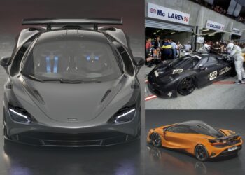 A collage features a grey McLaren sports car from above, a black race car in a pit lane, and an orange Limited-Run 750S Le Mans Edition that celebrates McLaren's iconic 1995 debut race win parked in a studio setting.