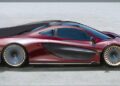 A sleek, maroon and black McLaren P1 EVO, designed by Frank Stephenson, featuring an aerodynamic body, large wheels, and tinted windows, is parked on a plain concrete surface.