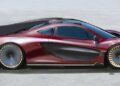 A futuristic, maroon McLaren P1 sports car with a sleek design, large turbine-style wheels, and a prominent rear wing is shown on a smooth, gray surface.