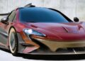 A red and black McLaren P1 EVO designed by Frank Stephenson, boasting aerodynamic features, is parked in front of a plain concrete wall.
