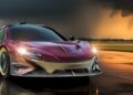 A sleek, maroon McLaren P1 is parked on a wet runway at sunset, with dramatic clouds and sunlight in the background—a true testament to Frank Stephenson’s iconic design.