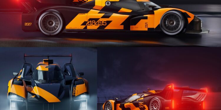 Three views of the McLaren Le Mans Hypercar, Project Endurance, in striking black and orange: side profile, front with headlights, and rear with illuminated taillights showcasing advanced aerodynamic features.