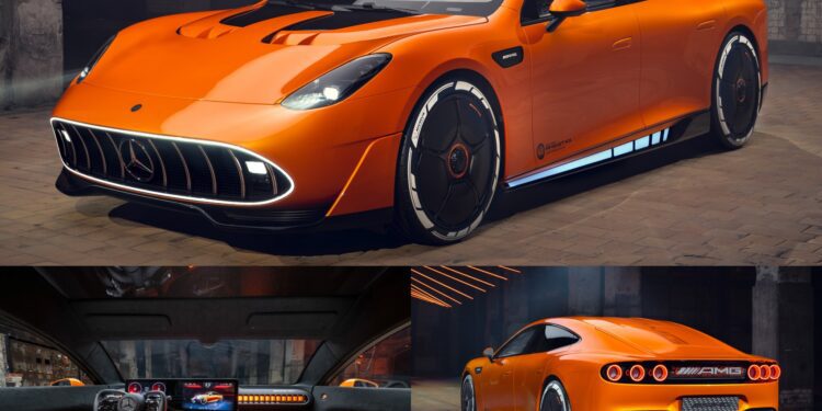 An orange Mercedes AMG GT XX Concept luxury sports car is shown from the front side, rear, and interior, featuring modern design, sleek LED lights, and high-tech dashboard displays in this cutting-edge EV.