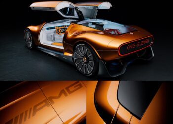 A futuristic orange hypercar with gullwing doors open, illuminated interior, "ONE-ELEVEN" on the rear, and close-ups of the Mercedes-AMG logo and body detailing—capturing the bold essence of the Vision One-Eleven.