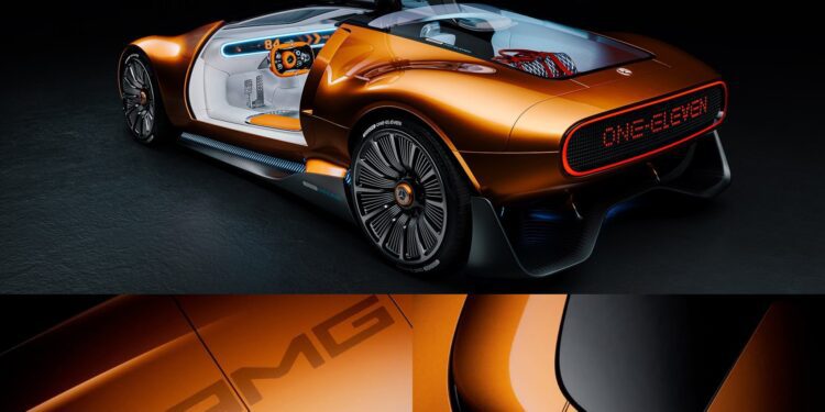 A futuristic orange hypercar with gullwing doors open, illuminated interior, "ONE-ELEVEN" on the rear, and close-ups of the Mercedes-AMG logo and body detailing—capturing the bold essence of the Vision One-Eleven.