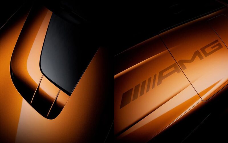 Close-up view of an orange Mercedes-AMG hypercar featuring a glossy black roof section and "AMG" branding on the body, inspired by the Vision One-Eleven concept.