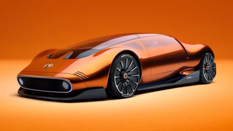 A sleek, orange Mercedes-AMG Vision One-Eleven hypercar is shown on an orange background, featuring aerodynamic curves and futuristic design elements.