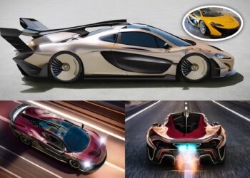 A futuristic P1 EVO sports car is shown from the side, above view in motion, and rear with glowing exhaust; inset displays a yellow McLaren P1 designed by Frank Stephenson.