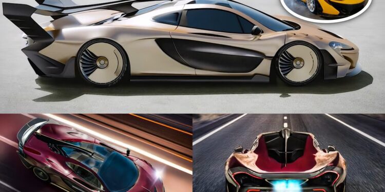 A futuristic P1 EVO sports car is shown from the side, above view in motion, and rear with glowing exhaust; inset displays a yellow McLaren P1 designed by Frank Stephenson.