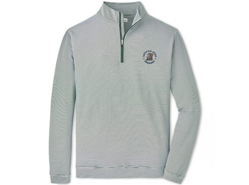 Light gray quarter-zip pullover with subtle horizontal stripes and a logo on the left chest, featured in the duPont REGISTRY Father's Day Gift Guide.