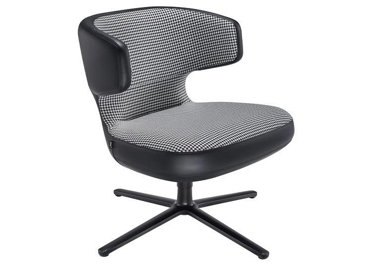 Modern swivel chair with a black and white houndstooth-patterned seat and backrest, black frame, and four-legged black metal base—perfect for refined living. Shop now to elevate your space with this touch of contemporary style.