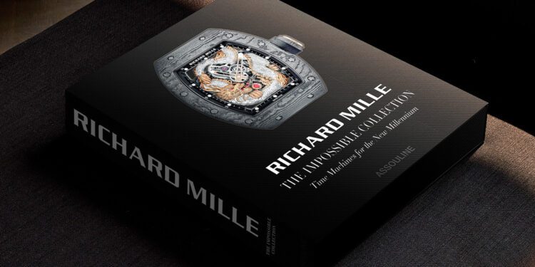 A hardcover coffee table book titled "Richard Mille: The Impossible Collection" by Assouline rests on a dark cushioned surface, featuring a detailed watch on the cover.