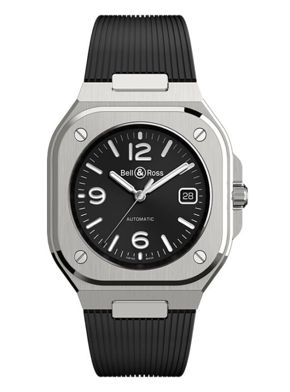 A Bell & Ross automatic wristwatch, featured among the best luxury watches, with a black dial, white numerals, a date display at 3 o'clock, and a black textured rubber strap.