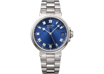 A silver wristwatch with a metallic band, blue dial, Roman numerals, date display at 3 o’clock, and the brand name "Breguet" above the center—an exceptional piece among the best luxury watches.