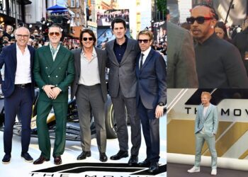 A group of five men in suits pose together outdoors; to the right, two men—possibly at the European Premiere of F1 The Movie—stand separately by a backdrop with "THE MOV" partially visible.
