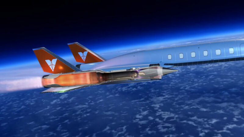 A futuristic passenger aircraft with orange tail fins soars above Earth, its engine glowing with flames—could Miami to Dubai in 2 hours become reality on this upcoming 4600 mph hypersonic jet?.