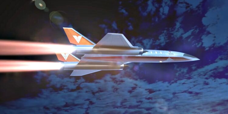 A futuristic jet aircraft with orange accents flies above the clouds at high speed, leaving bright exhaust trails behind—could this be the 4600 mph hypersonic jet that makes Miami to Dubai in 2 hours a reality?.