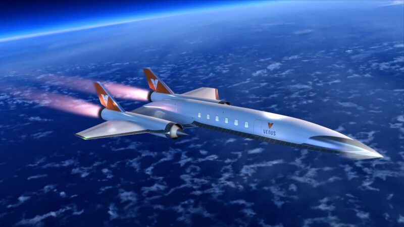 A futuristic passenger jet with "Venus" branding soars above the clouds, leaving pink exhaust trails—could this be the 4600 mph hypersonic jet that makes Miami to Dubai in 2 hours a reality?.