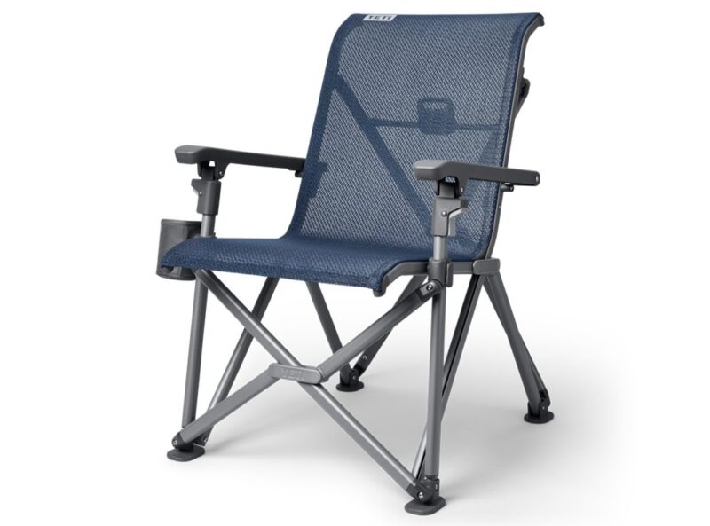 A blue mesh folding camping chair with armrests, cup holder on the left, and gray metal frame—an ideal pick for Father's Day gifts—shown against a white background.