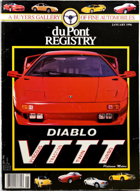 Cover Cars: duPont REGISTRY magazine, January 1996—red Lamborghini Diablo VT on the cover; classic sports cars line the top and bottom borders, celebrating automotive excellence.