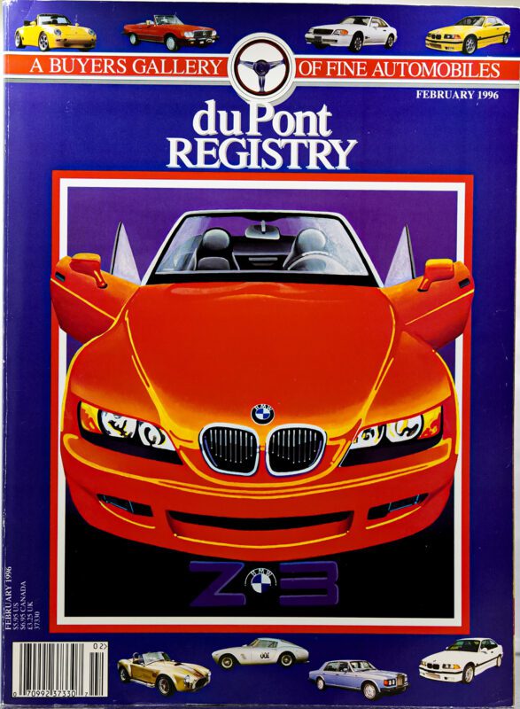 Cover Cars: February 1996 duPont REGISTRY magazine featuring a red BMW Z3 convertible and images of various classic cars along the bottom edge.