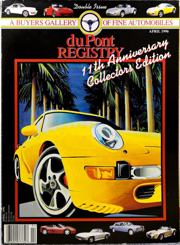 Cover of the April 1996 duPont REGISTRY magazine featuring a yellow sports car illustration with palm trees, Cover Cars, 11th Anniversary Collectors Edition text, and images of cars along the bottom.