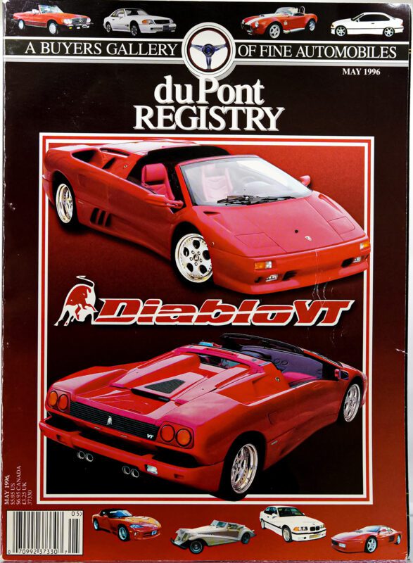 Cover of the May 1996 duPont REGISTRY magazine featuring two views of a red Lamborghini Diablo VT, with smaller images of Cover Cars along the top and bottom borders.