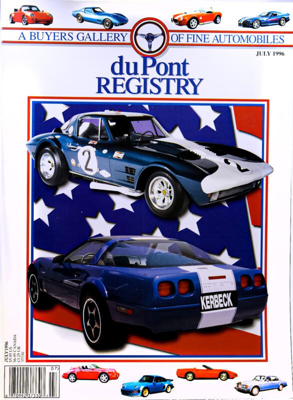 Cover of duPont REGISTRY July 1996 showcases two blue Chevrolet Corvettes, celebrating the 40th Anniversary, against a stylized American flag background, with "KERBECK" license plate visible—truly iconic Cover Cars.