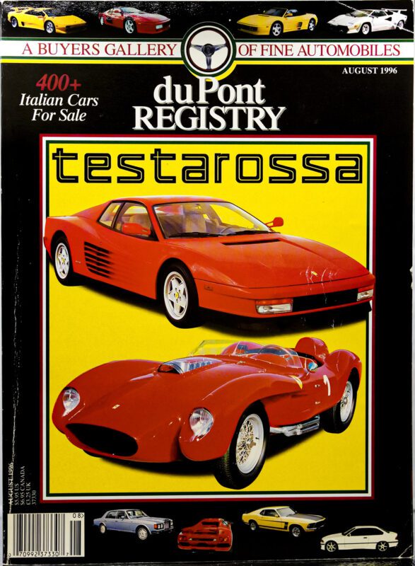 Magazine cover celebrating the 40th Anniversary, featuring two red Ferrari Testarossa Cover Cars on a yellow background, with text highlighting 400+ Italian cars for sale in the August 1996 duPont REGISTRY.