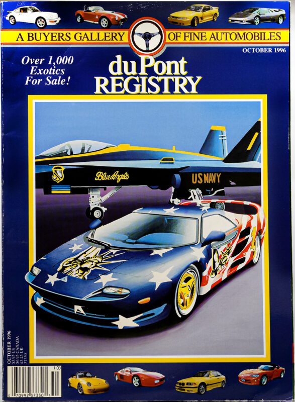Cover of the October 1996 duPont REGISTRY magazine featuring a Blue Angels-themed exotic sports car in front of a Blue Angels US Navy jet, with smaller Cover Cars images at the bottom.