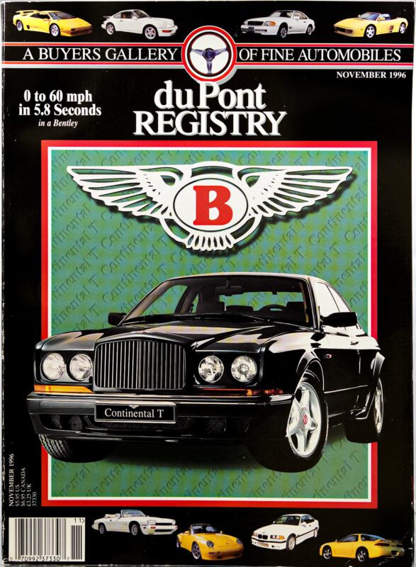 Cover of duPont REGISTRY magazine, November 1996, celebrating the 40th Anniversary with a black Bentley Continental T as the star Cover Car, a large Bentley logo, and smaller sports car images featured at the bottom.
