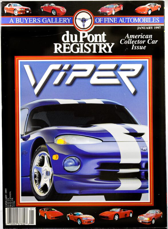 Cover Cars: The January 1997 duPont REGISTRY showcases a striking blue Dodge Viper with white stripes on its cover, celebrating the "Viper" headline in bold text.