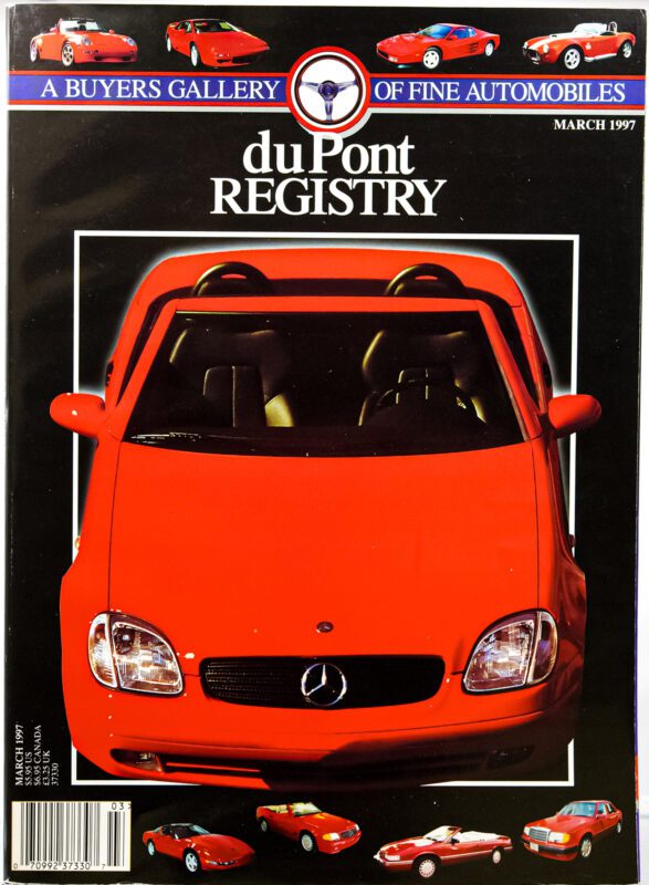 Cover of the March 1997 duPont REGISTRY magazine featuring a red Mercedes-Benz convertible; smaller Cover Cars are shown along the top and bottom edges.