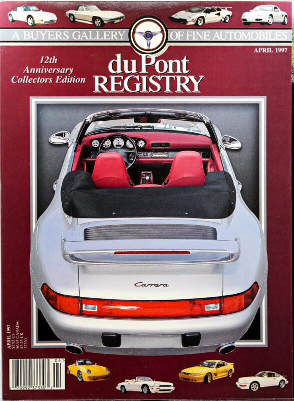 Cover Cars: duPont REGISTRY April 1997 issue, celebrating the 40th Anniversary, features a rear view of a silver Porsche Carrera convertible with red seats, surrounded by striking images of other luxury cars.