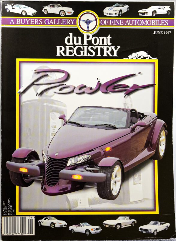 Cover of the June 1997 duPont REGISTRY magazine featuring a purple Plymouth Prowler convertible as one of the memorable Cover Cars, with classic cars showcased along the border.