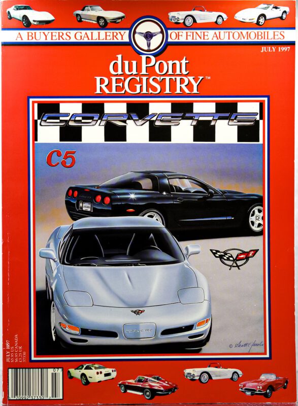 Red July 1997 duPont REGISTRY magazine cover featuring two Chevrolet Corvette C5 Cover Cars, Corvette emblems, and smaller images of classic cars along the top and bottom edges.