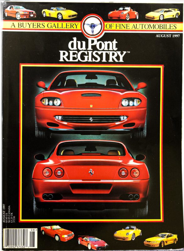 Cover of duPont REGISTRY August 1997 issue featuring front and rear views of a red Ferrari, with images of other Cover Cars along the top and bottom borders.