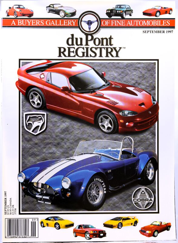 Cover Cars grace the September 1997 duPont REGISTRY, featuring a red Dodge Viper and a blue Shelby Cobra, with additional sports cars showcased along the bottom.