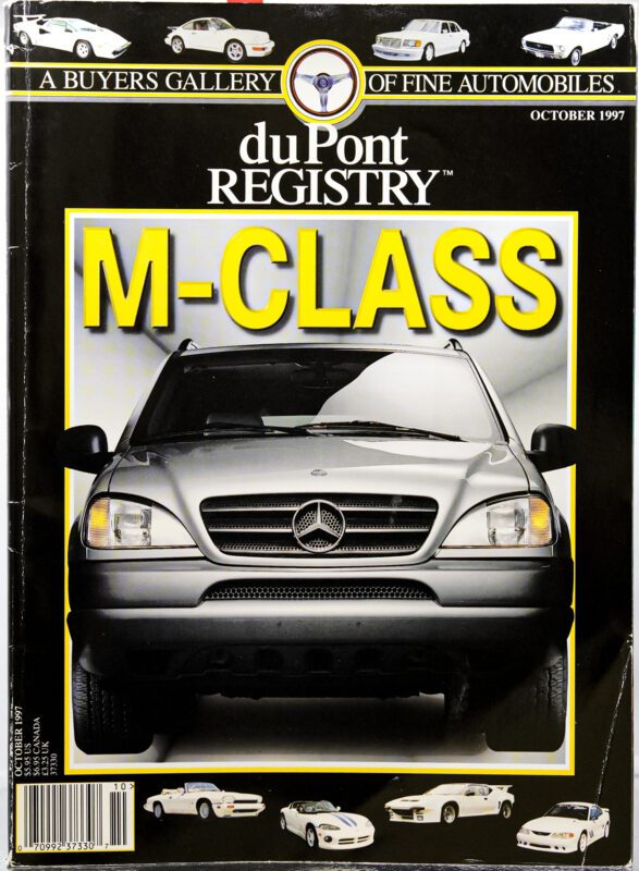 Cover Cars: October 1997 duPont REGISTRY magazine showcasing a silver Mercedes-Benz M-Class SUV with various car images along the bottom.