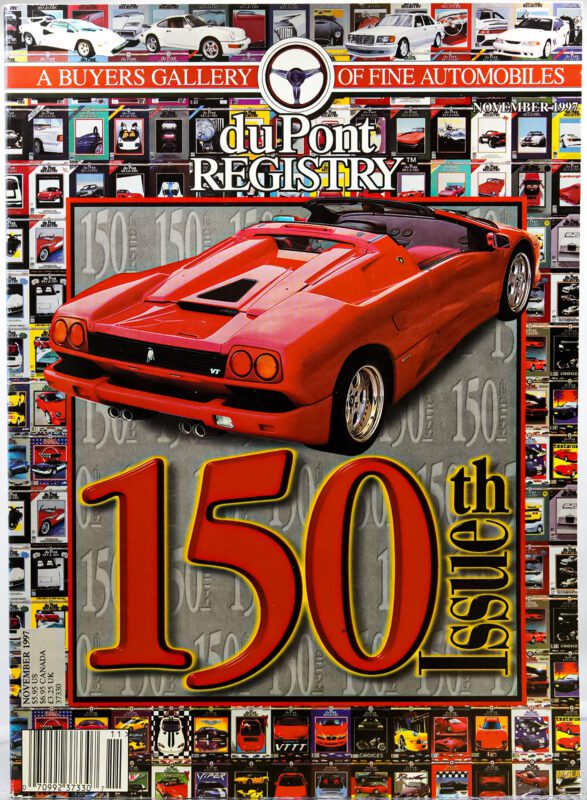 Cover of duPont REGISTRY magazine featuring a red Lamborghini Diablo, celebrating the 150th Issue with "Cover Cars" and a collage of previous covers in the background.