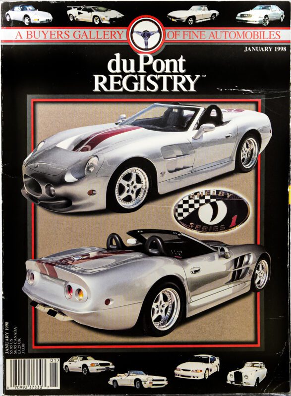 Cover Cars: January 1998 duPont REGISTRY magazine featuring a silver Shelby Series 1 convertible sports car, showcased with front and rear views and surrounded by other cars, celebrates the icons for the 40th Anniversary.