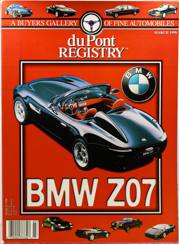 Cover of duPont REGISTRY March 1998, featuring a black BMW Z07 concept car, BMW logo, and classic Cover Cars at the top and bottom on a red background—celebrating BMW’s 40th Anniversary.