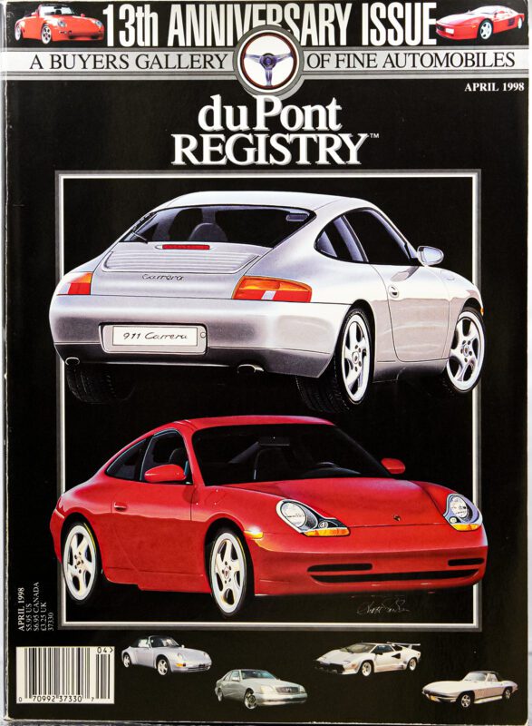 The Cover Cars of duPont REGISTRY's April 1998 issue include silver and red Porsche 911 Carrera models, with smaller images of classic cars along the bottom edge, celebrating the 40th Anniversary.