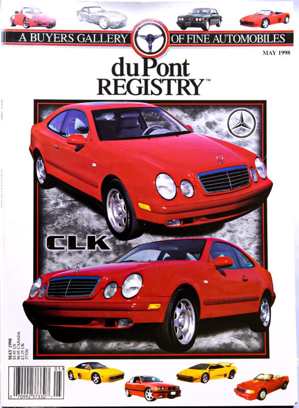 Magazine cover celebrating 40th Anniversary, featuring two images of a red Mercedes-Benz CLK coupe, duPont REGISTRY branding, and various Cover Cars pictured along the bottom.