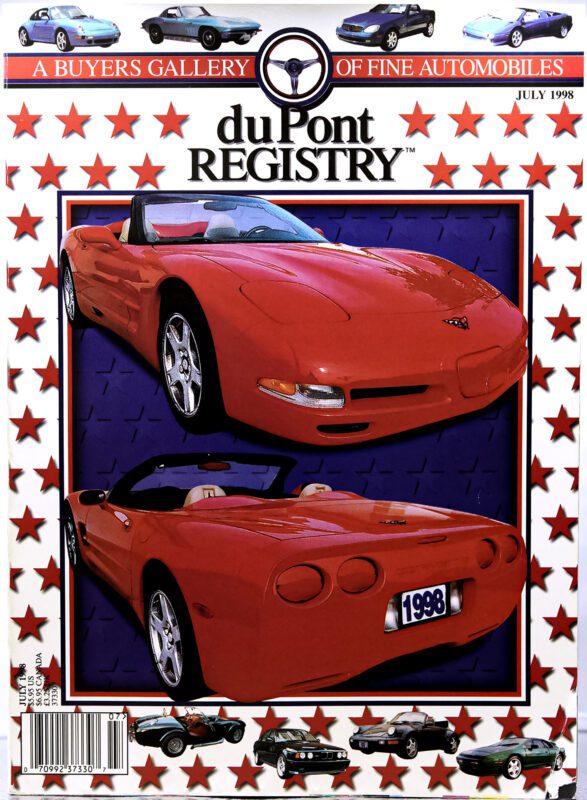 July 1998 duPont REGISTRY Cover Cars issue featuring front and rear views of a red Chevrolet Corvette convertible for its 40th Anniversary, with a star-themed border and various car images along the top and bottom.