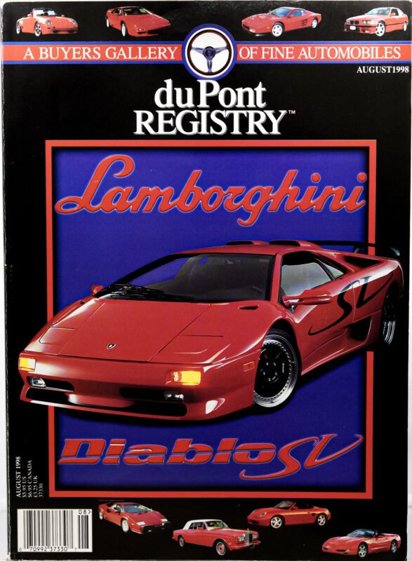 Cover Cars: duPont REGISTRY August 1998 issue with a striking red Lamborghini Diablo SV on a blue background, celebrating the 40th Anniversary, and featuring the magazine's logo plus images of other cars at the top and bottom.