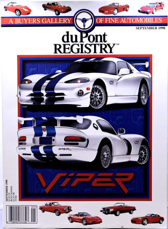 Magazine cover featuring two Cover Cars, Dodge Viper GTS-Rs—front and rear view—with the title "duPont REGISTRY" and "Viper" in red text. Issue dated September 1998.