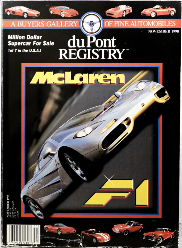 Cover of duPont REGISTRY, November 1998, featuring a silver McLaren F1 supercar with the headline "McLaren F1" and various Cover Cars, including red sports cars, pictured along the bottom border.